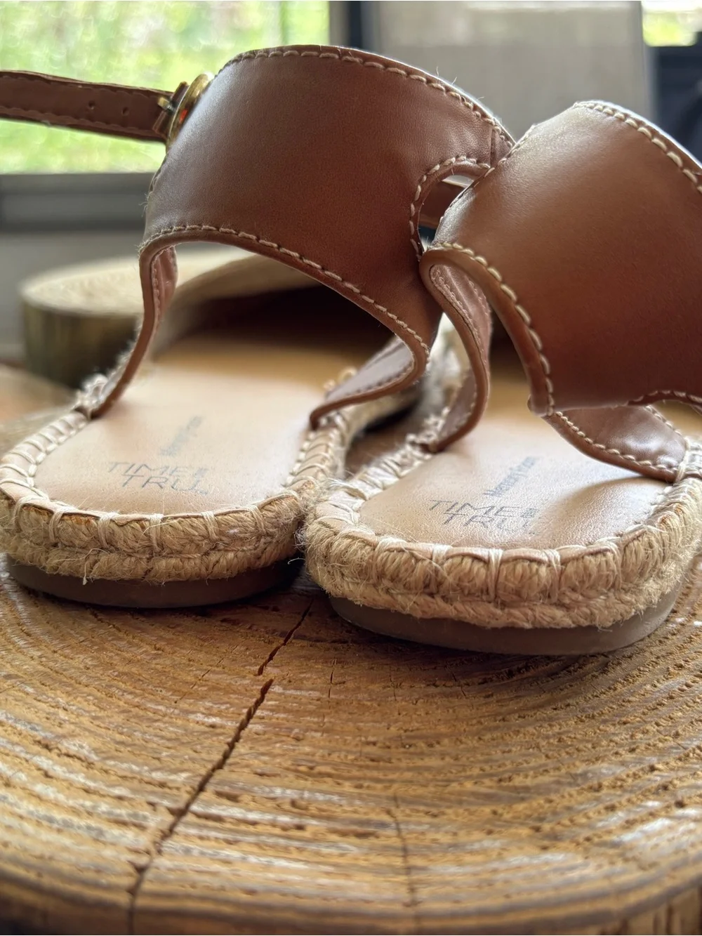 Time and Tru Beige Canvas Espadrille Sandals with Tan Ankle Strap